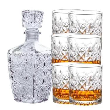 Imagem de Kit Licoreira Garrafa De Vidro Para Whisky + 6 Copos De Whisky Mini Ba