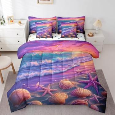 Imagem de jejeloiu Conjunto de edredom com tema de praia, solteiro, 7 peças, estampa de ondas do oceano, verão, para meninos e meninas, concha do mar, havaiano, litoral, vida marinha, criaturas marinhas, cama