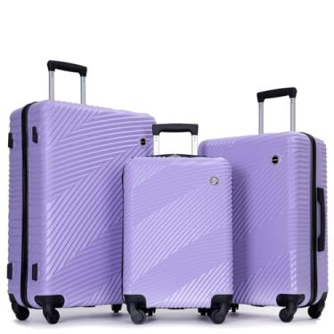 Imagem de Kacenray Conjunto de bagagem de 3 peças (51 cm/61 cm/71 cm), PC durável + mala leve ABS com rodas giratórias de 360° e dois ganchos, conjunto de bagagem de mão e equipamento de viagem despachado, Roxo