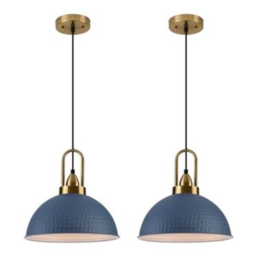 Imagem de ALAISLYC Luzes pendentes azuis ilha de cozinha industrial altura ajustável vintage cúpula luminárias penduradas para celeiro, sala de jantar, 2 pacotes