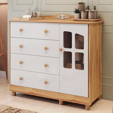 Imagem de Cômoda Infantil Elô New 1 Porta Com Janela E 4 Gavetas Branco Brilho/amêndoa - Móveis Peroba