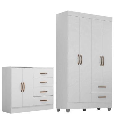 Imagem de Kit Guarda-roupa Solteiro 4 Portas E Cômoda Sapateira 2 Portas Lisa Branco