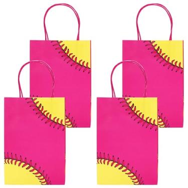 Imagem de JarThenaAMCS 24 peças de saco de papel de softball, rosa choque, amarelo, bolas esportivas com alças, sacos de guloseimas para tema de softball, aniversário, chá de bebê, lembrancinhas, suprimentos