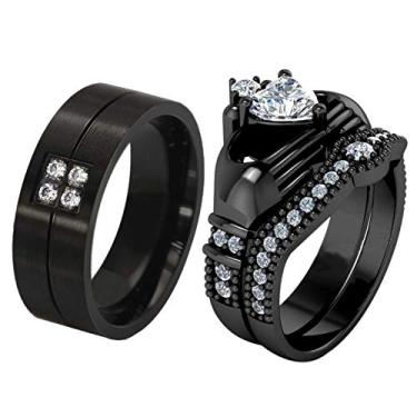 Imagem de ringheart 2 anéis para ele e ela anéis de casal Claddagh anel preto CZ conjuntos de alianças de casamento femininas aço titânio masculino alianças de casamento, women size6 & men size13, Metal Cristal