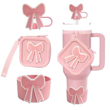 Imagem de Conjunto de acessórios de garrafa de água esportiva de 3 peças para copo Stanley Cup de 850 g 1,134 g, inclui capa de canudo de laço, manga protetora de silicone para botas, bolsa de moedas fofa, sem