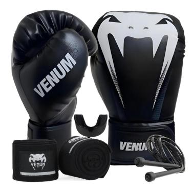Imagem de Kit Luva De Boxe Venum Giant Logo Sticher Dark + Bandagem 4m + Protetor Bucal + Corda-Unissex