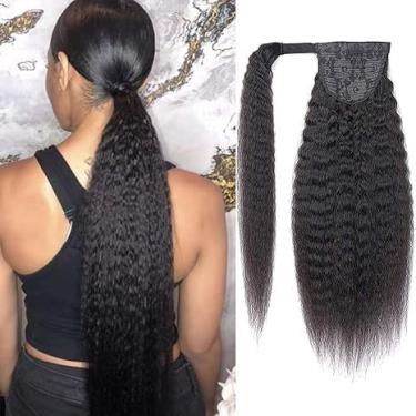 Imagem de Extensão de cabelo humano rabo de cavalo liso e crespo com cordão de 55,88 cm em rabo de cavalo para mulheres negras (Yaki, 56 cm)