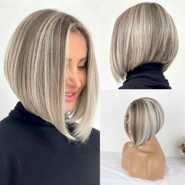 Imagem de ORAVISTA Peruca sintética de renda com ângulo curto para mulheres, peruca listrada de gambá loira, corte A com tons de loiro, branco e marrom (cinza, 25,4 cm)