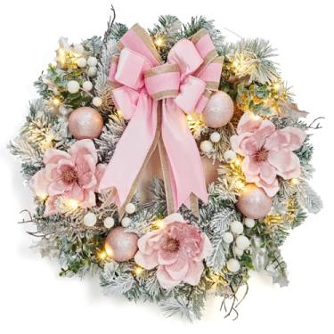 Imagem de FairyLee Guirlanda de Natal pré-iluminada para porta da frente, guirlanda de Natal grande de 61 cm para decoração de férias, guirlanda de Natal com flor, enfeites de bola e 20 luzes de LED para janela