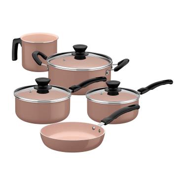 Imagem de Jogo de Panelas Tramontina Évora 5 Peças Revestimento Cerâmico Tampas de Vidro Capuccino