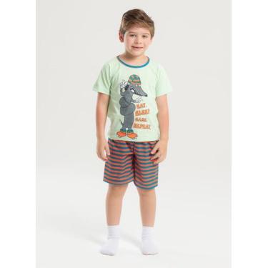 Imagem de Pijama Verão Menino Verde Camiseta Brilha no Escuro e Bermuda Doguinho
