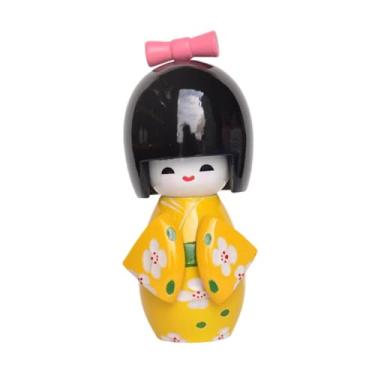 Imagem de WeiLaiKeQi Boneca de gueixa quimono japonesa tradicional em miniatura, estatueta de madeira colecionável de kabuki asiática para loja de armários de escritório, Amarelo