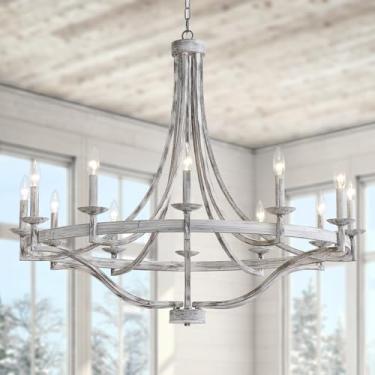 Imagem de WUZUPS Candelabro de vela de metal com 12 luzes de roda de vagão pingente redondo iluminação de teto rústica casa de fazenda cozinha ilha sala de jantar, H 100 cm L10, base E12, antigo