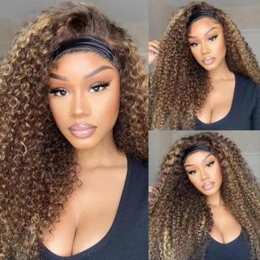 Imagem de Peruca com faixa de cabeça XSY Kinky Curly Human Hair Highlight Ombre 