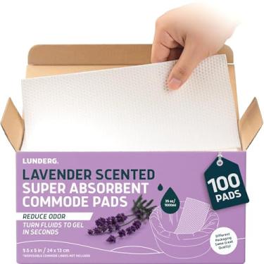 Imagem de Lunderg Almofadas de Cadeiras Sanitárias Super Absorventes com Perfumadas de Lavanda – Pacote com 100 Unidades – Para Forros de Cadeiras Sanitárias Descartáveis de Cabeceira para Adultos, Sacos de Banheiro Portáteis – Facilite sua Vida
