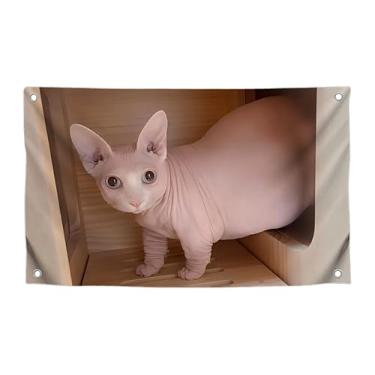Imagem de Bandeira engraçada de gatos sphynx gordos com quatro argolas de latão - Faixa de parede enorme de animais de um lado legal para ambientes internos e externos - Pôster de tapeçaria de humor de