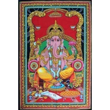 Imagem de Rastogi Handicrafts Deidade indiana para pendurar na parede de algodão 101 x 76 cm para fins espirituais e de decoração (singhasan ganpati)