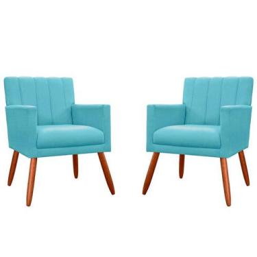 Imagem de Kit 2 Poltronas Decorativa Cecília Suede Azul Turquesa Pés Madeira Mz 