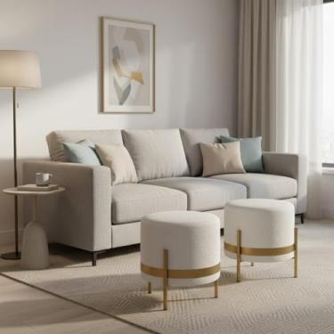 Imagem de KIT 2 Puff Redondo STEEL Tecido Bouclé Cor Bege Base Metal Dourada