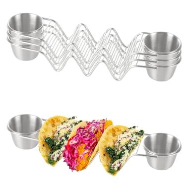 Imagem de Suporte de aço inoxidável para tacos com 4 unidades de suporte seguro para churrasqueira e forno, com 2 xícaras de molho e colher. Cada taco de metal suporta 3 suportes de tacos para tacos, presentes