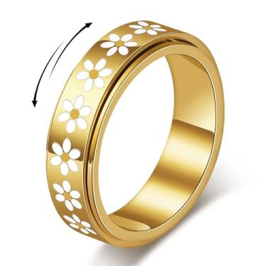 Imagem de Sfloemm Anel Daisy Fidget para alívio da ansiedade – Anel giratório banhado a ouro 18K para alívio do estresse, anel de flor de aço inoxidável para mulheres, presente atencioso para aniversário, dia