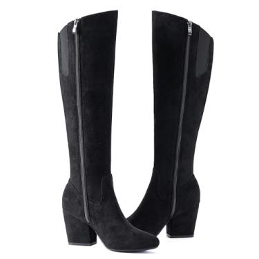 Imagem de N.N.G Botas femininas de cano alto, camurça sintética, marrom pedra preta, salto bloco de 7,6 cm, bico fino, zíper lateral, para uso casual e noturno, Preto, 37