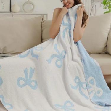 Imagem de Luxape Cobertor de laço, laço rosa, macio, reversível, tecido confortável premium para o melhor conforto - para bebês, recém-nascidos, berçários, meninas, berço, carrinho, presente (laços azuis, 127 x