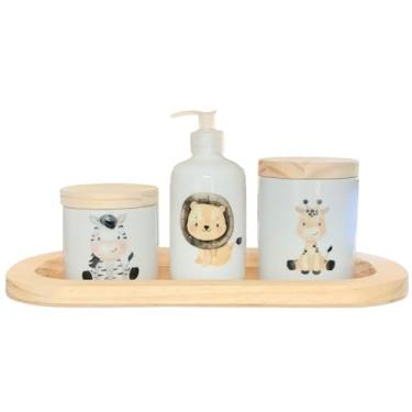 Imagem de Kit higiene bebê 4 peças Safari - Bandeja Oval, potes e porta álcool - Peças porcelana bandeja e tampas pinus