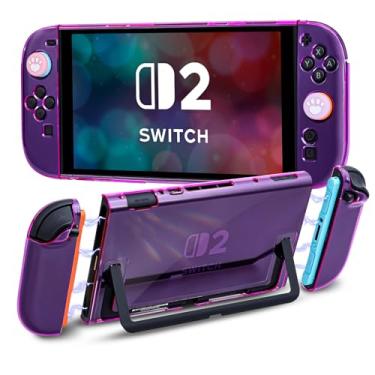 Imagem de DLseego Capa rígida protetora para Nintendo Switch 2 2025, capa macia para Joy Con, controle JoyCon destacável, à prova de choque e resistente a arranhões, 4 alças de polegar Love, transparente - roxo