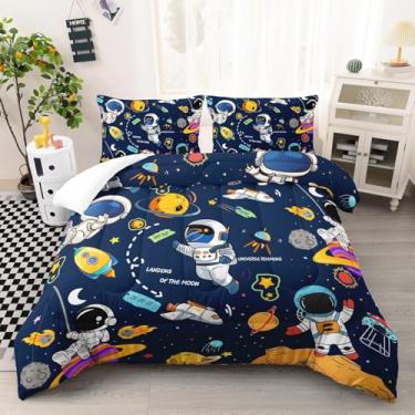 Imagem de DYcolor Conjunto de edredom Astronaut Universe Roaming, Space Explore em azul escuro, cosmos, com 1 edredom e 2 fronhas, para crianças, adolescentes e adultos, solteiro (azul escuro, solteiro)