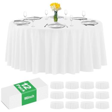 Imagem de CC-SLZP Pacote com 12 toalhas de mesa de plástico branco premium – toalha de mesa redonda de 246 polegadas, toalha de mesa descartável de plástico para festas (12, branca, redonda de 244 cm)