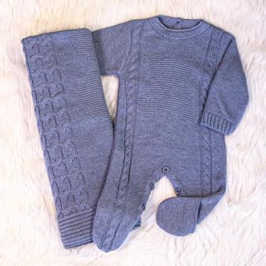 Imagem de SAIDA MATERNIDADE 2 PÇS DE TRICOT LUXO MACACÃO E MANTA MENINO E MENINA (Azul Jeans)