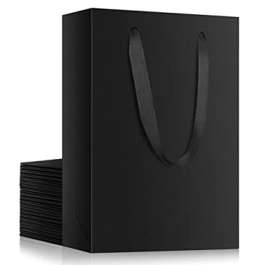 Imagem de EUSOAR Bolsa, 20 peças de papel kraft preto 15 x 5,8 x 19,8 cm com alças de pano, reutilizável, reciclável, embrulho de presente, lembrancinhas de festa, almoço, compras, a granel
