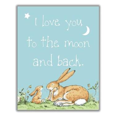 Imagem de Impressão de arte de parede I Love You to The Moon and Back, impressão de berçário, design de coelho azul, decoração de quarto infantil, citação inspiradora - Impressão de pôster 28 x 35 cm - SEM