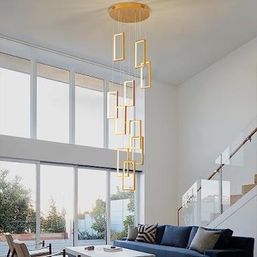 Imagem de Lustre LED moderno 10 anéis lustre retangular regulável com controle remoto luz pendente dourada 120 pol. altura ajustável longa escada luminárias pendentes foyer luz de teto alto fix