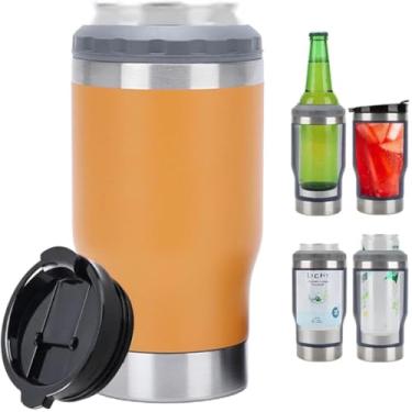 Imagem de Caneca Porta Latas e Isolador 4 em 1 para Lata Fina e Padrão de 355ml e Long Neck de Cerveja. Copo Térmico de Aço Inoxidável Isolado a Vácuo e Termocooler (Orange)