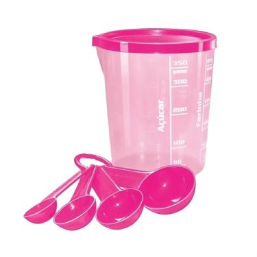 Imagem de Kit Medidores Premium Rosa Xícara Copo Medidor 400ml Com Escala Em Gramas E 4 Colheres Medidoras Plástico Resistente Leve Prático Funcional Ideal Para Ingredientes Secos E Líquidos Culinária Cozinha