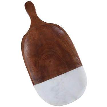 Imagem de The Wooden Town Tábua de corte de madeira de mármore e acácia com alça – Tábua de charcutaria de 30 x 14 cm, tábua de queijo de mármore branco para servir bife, pão, frutas, aperitivos e decoração de