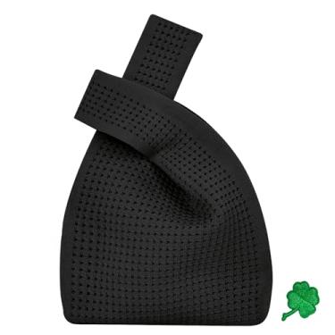 Imagem de Bolsa de pulso pequena de malha de crochê, bolsa de mão portátil com alça de nó linda bolsa de pulso para mulheres, Preto-vazado