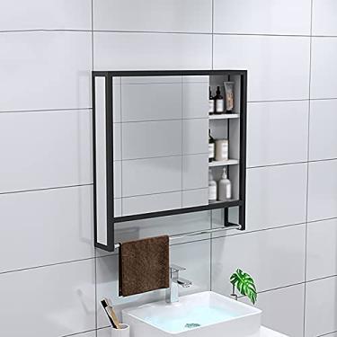 Imagem de Armário de espelho de banheiro de alumínio à prova d'água montado na parede armário de armazenamento moderno de aço inoxidável (70 x 70 x 12 cm)
