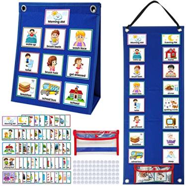 Imagem de QUWUMGD Agenda visual infantil pendurada agenda visual tabela de tarefas com 70 cartões magnético crianças aprendizagem calendário gráfico manhã hora de dormir agenda planejador de parede para meninos