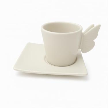 Imagem de Xícara de Porcelana Branca com Pires Decorativo em Forma de Borboleta, 100 ml, Conjunto para Chá e Café