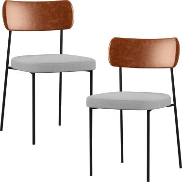 Imagem de Kit 02 Cadeiras Estofadas Para Sala De Jantar Melina L02 Couríssimo Camel Linho Cinza - Lyam Decor