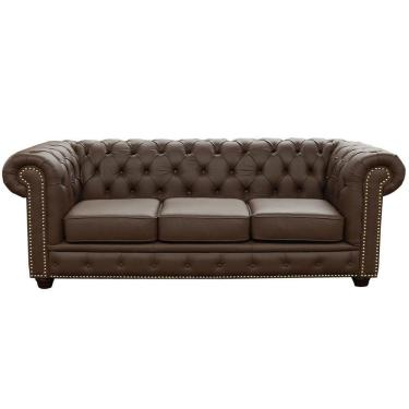 Imagem de Sofá 3 Lugares Sala de Estar 235cm Chesterfield Pés Madeira Couro Capucino - Gran Belo