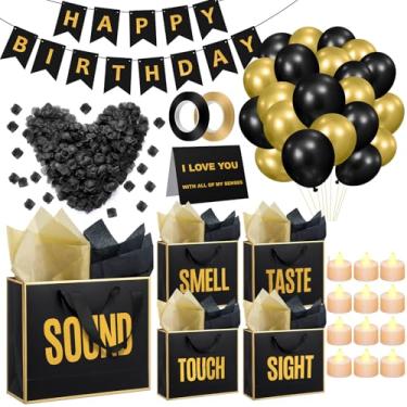 Imagem de Soulchen Conjunto de 58 5 Sentidos Decorações de Aniversário Cinco Sentidos Sacos de Presente com Papel de Seda e Alça Faixa de Aniversário Balão Dourado Preto Pétalas Falsas Velas de LED para Ele