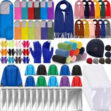 Imagem de Macarrie 96 peças de suprimentos de pacote de cuidados para sem-teto, saco de dormir adulto unissex luvas para adultos cobertor de lã cachecol de inverno poncho de chuva cobertor de emergência para