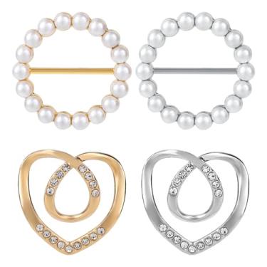 Imagem de lasuroa 4 Anéis para Cachecol Feminino, Prendedores de Gravata T-Shirts Anéis e Slides para Camisas em Forma de Coração Círculo Redondo Lenços Seda Cintos e Acessórios Vestuário (Dourado, Prateado)