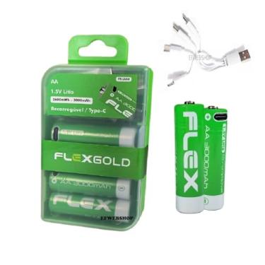 Imagem de 4 Pilhas Recarregáveis Flex AA 1.5V de Lítio 3000mAh com Carregamento Direto via Cabo USB-C e LED Indicador de Carga mais Case Porta Pilhas