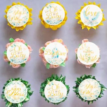 Imagem de Ephlyn 48Pcs Edible First Holy Communion Cupcake Toppers Wafer Paper Baby Shower Cupcake Picks God Bless Theme Christening Celebration Religious Birthday Party Cake Decorations Green