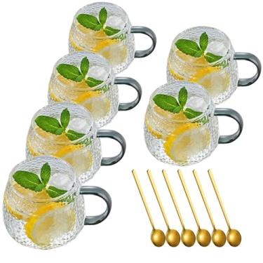 Imagem de Viovian Conjunto de 6 canecas de café de vidro de 425 g com alças, caneca de vidro em relevo para bebidas quentes e frias, xícara de chá transparente para mulheres, presentes de aniversário